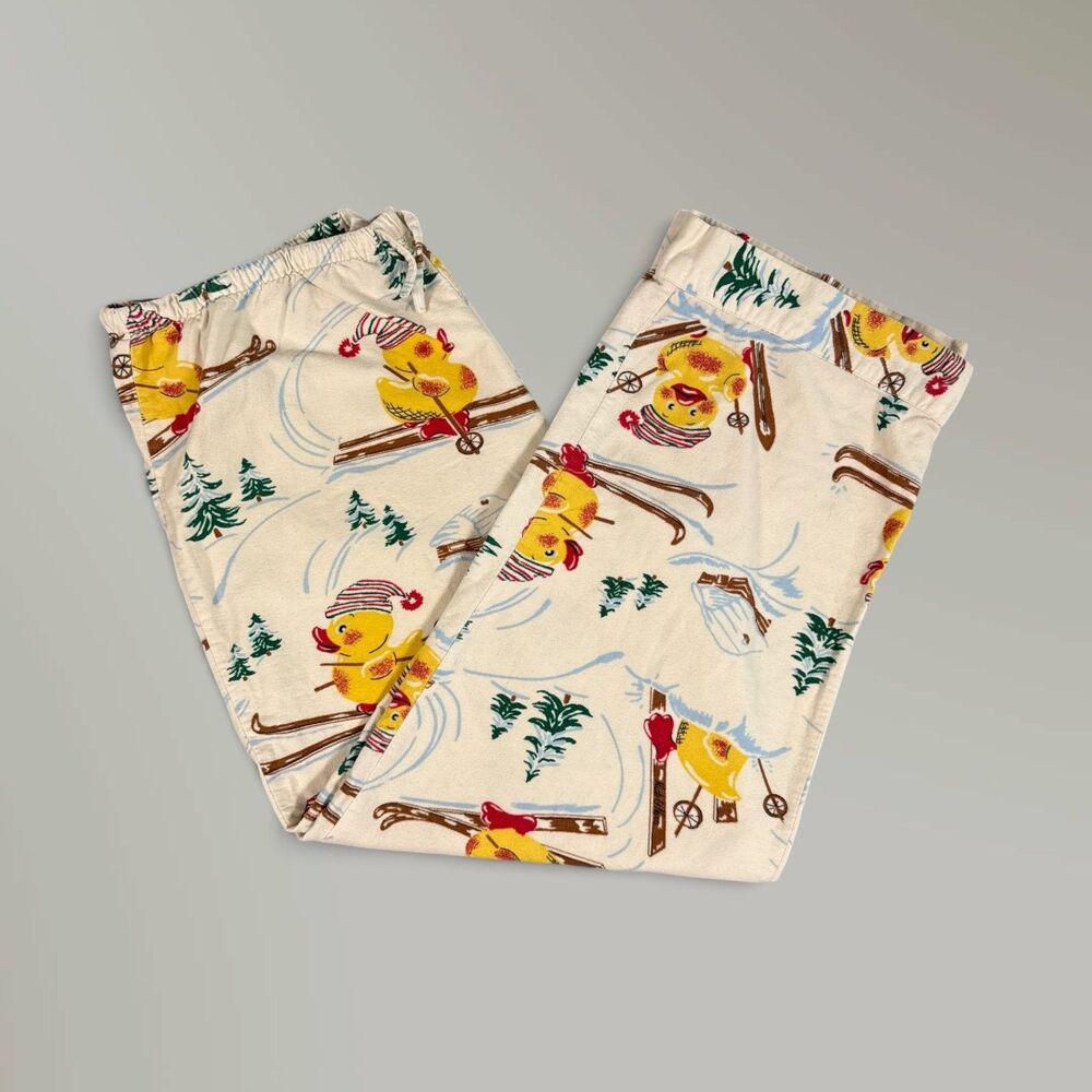 Nick & Nora Women's Pajama Pants Skiing Duck Cotton Off-White Blue Yellow Sz Lrg